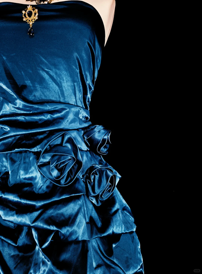 Classy Blue Satin Ruched Rose Floral A Line Short 7th Grade Homecoming Dress,Strapless Mini Birthday Dress SP3388