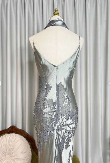 Charming Spaghetti Straps Silver Satin Lace Party Dress Retro Mermaid Prom Dress With Ribbon SP629