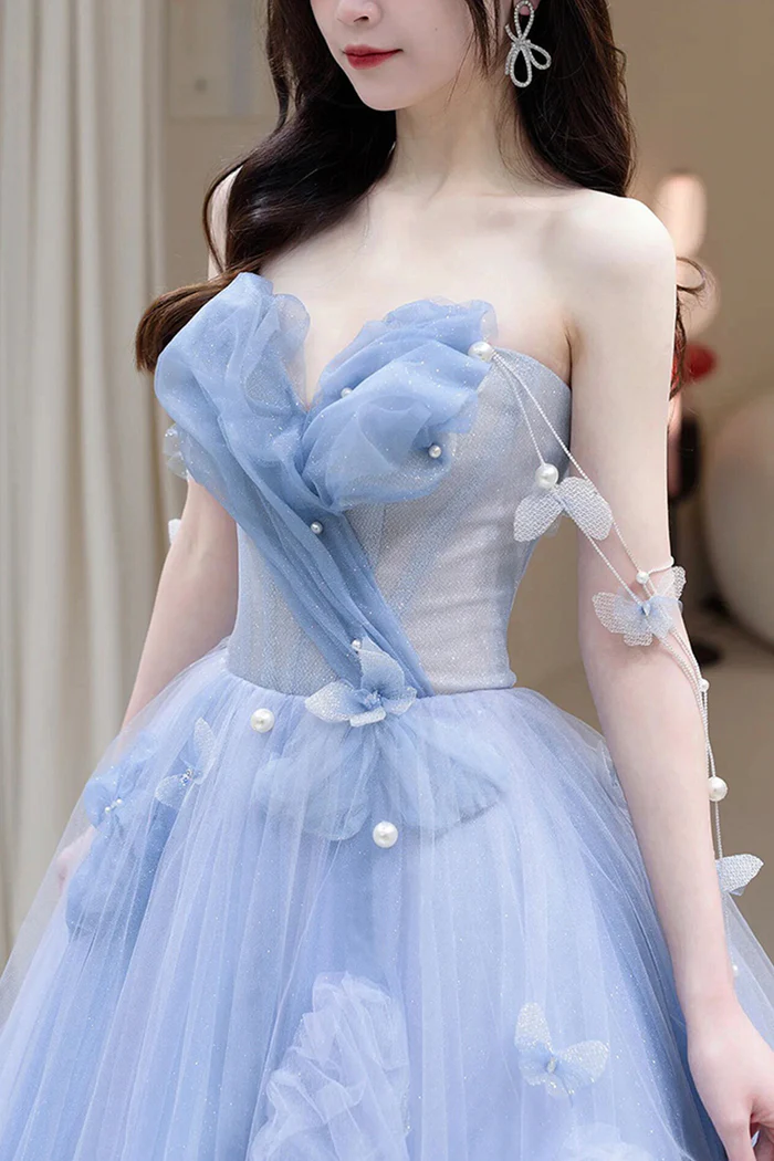 A-Line Blue Tulle Long Prom Dress, Blue Tulle Formal Dress Y6774