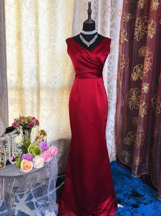 Classy Burgundy V Neck Satin Pleated Mermaid Party Dress Backless Long Birthday Prom Dress SP1949
