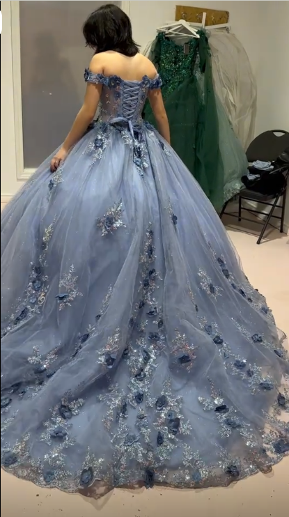 Charming Off The Shoulder Blue Tulle Sequin Floral Quinceanera Dress Sweet 16 Dress SP4286