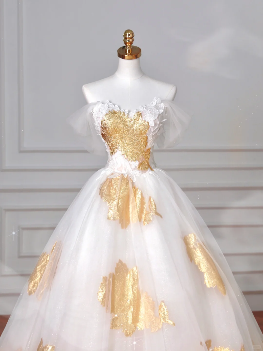 Gorgeous Gold Print Tulle Off The Shoulder Ball Gown,A Line Prom Dress Evening Dress Y8618