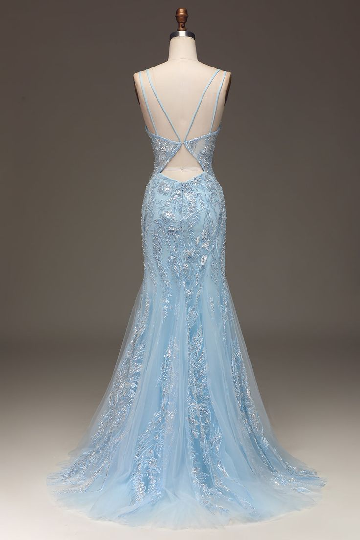 Blue Tulle Mermaid Prom Dress with Sequins Y6701