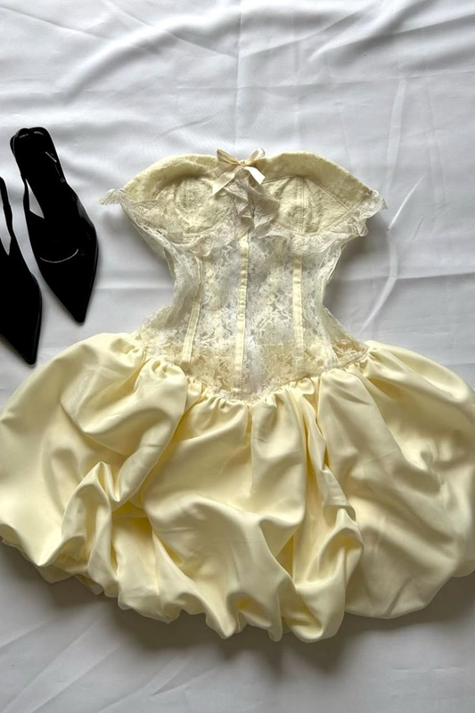Cute Yellow Lace Satin A Line Short Prom Dress,Strapless Short 6th Grade Homecoming Dress SP3354