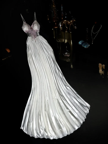 Stylish Silver Gray Spaghetti Straps Satin Pleated Beaded Mermaid Prom Dress Long Evening Dress SP875