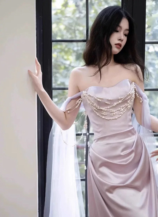 Light Purple Satin Long Evening Dress,Sweetheart Prom Dress Y8312