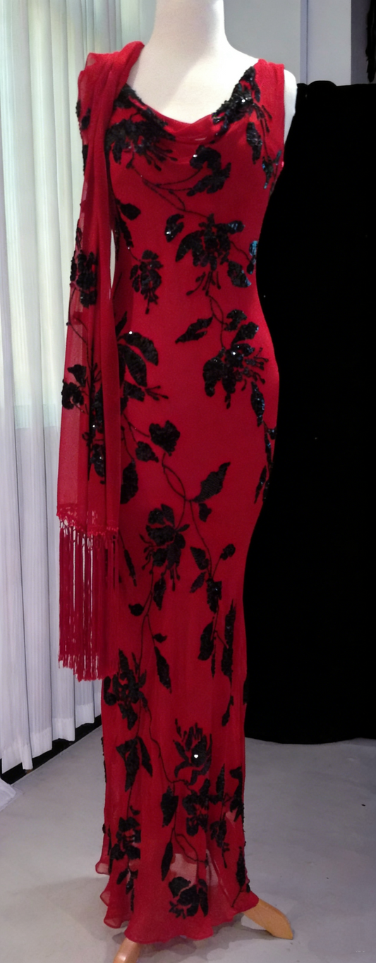 Pretty Red Sleeveless Chiffon Beaded Sheath Long Party Dress Birthday Dress With Ribbon SP2075