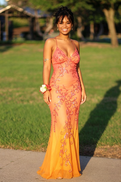 Gorgeous Ombre Orange Chiffon Sequin Beaded Mermaid Long Party Dress Backless Prom Dress SP2221