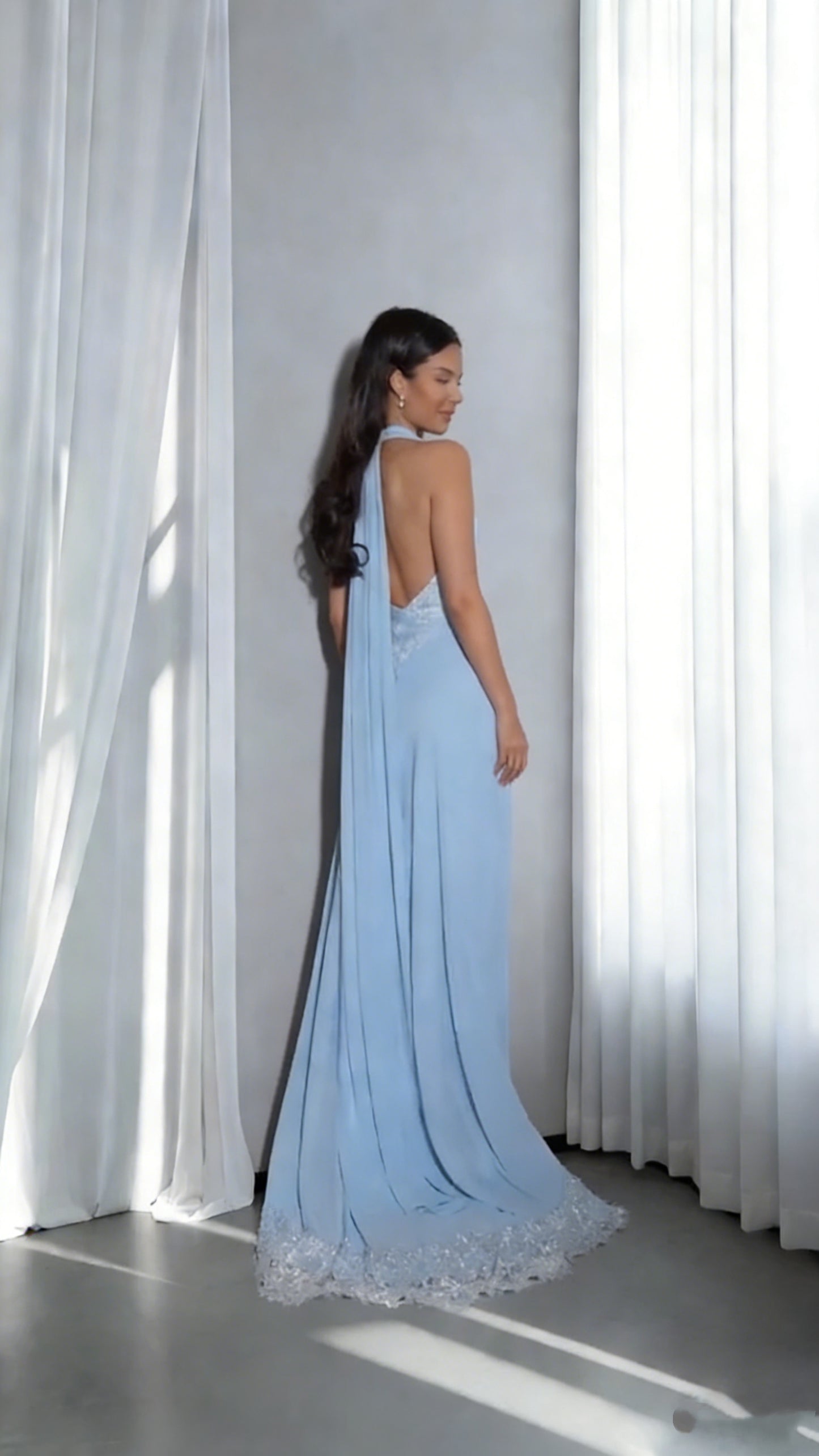 Classy Blue Halter Chiffon Lace Beaded Mermaid Evening Dress Backless Long Prom Gowns SP1814