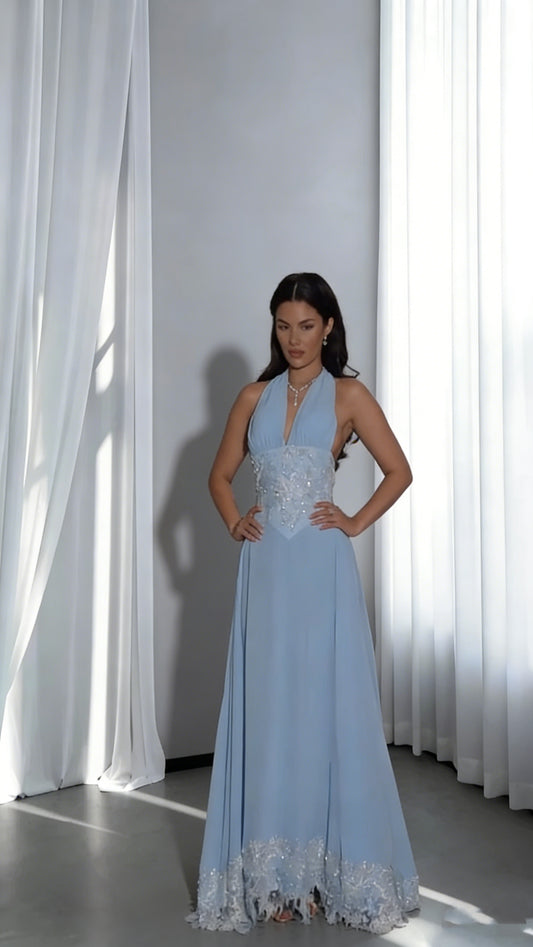 Classy Blue Halter Chiffon Lace Beaded Mermaid Evening Dress Backless Long Prom Gowns SP1814