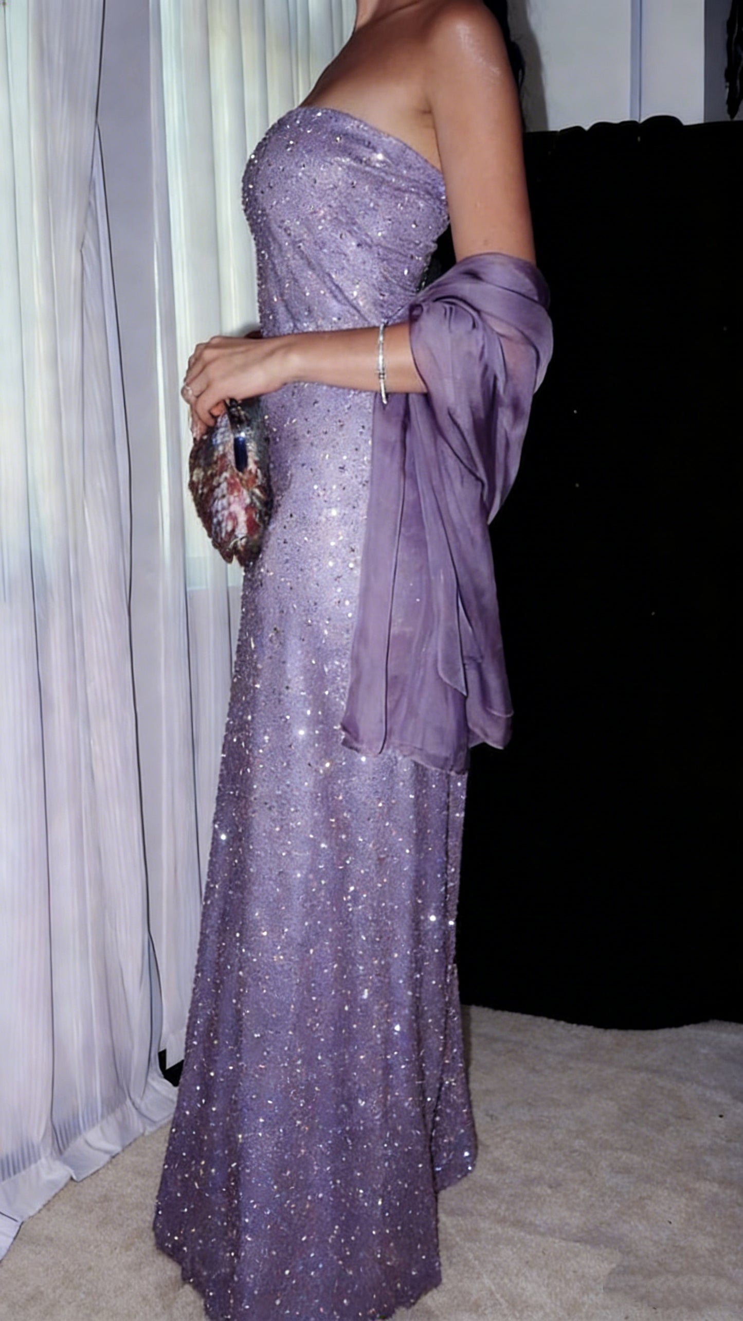 Glitter Purple Strapless Sequin Beaded Long Birthday Evening Dress Prom Gowns With Ribbon SP1898