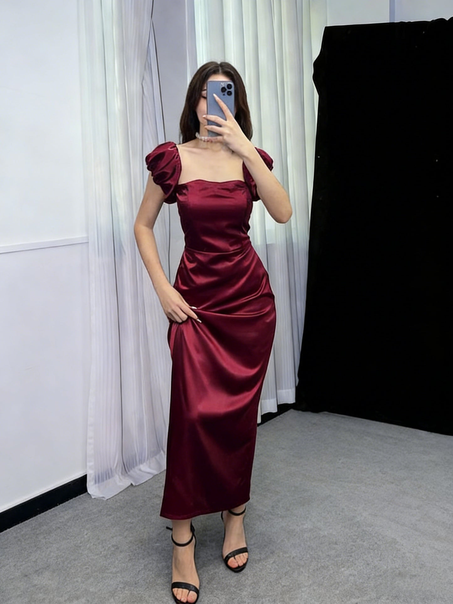 Sexy Burgundy Square Neck Satin Long Prom Dress Evening Gowns SP1906
