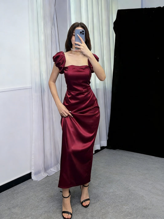 Sexy Burgundy Square Neck Satin Long Prom Dress Evening Gowns SP1906