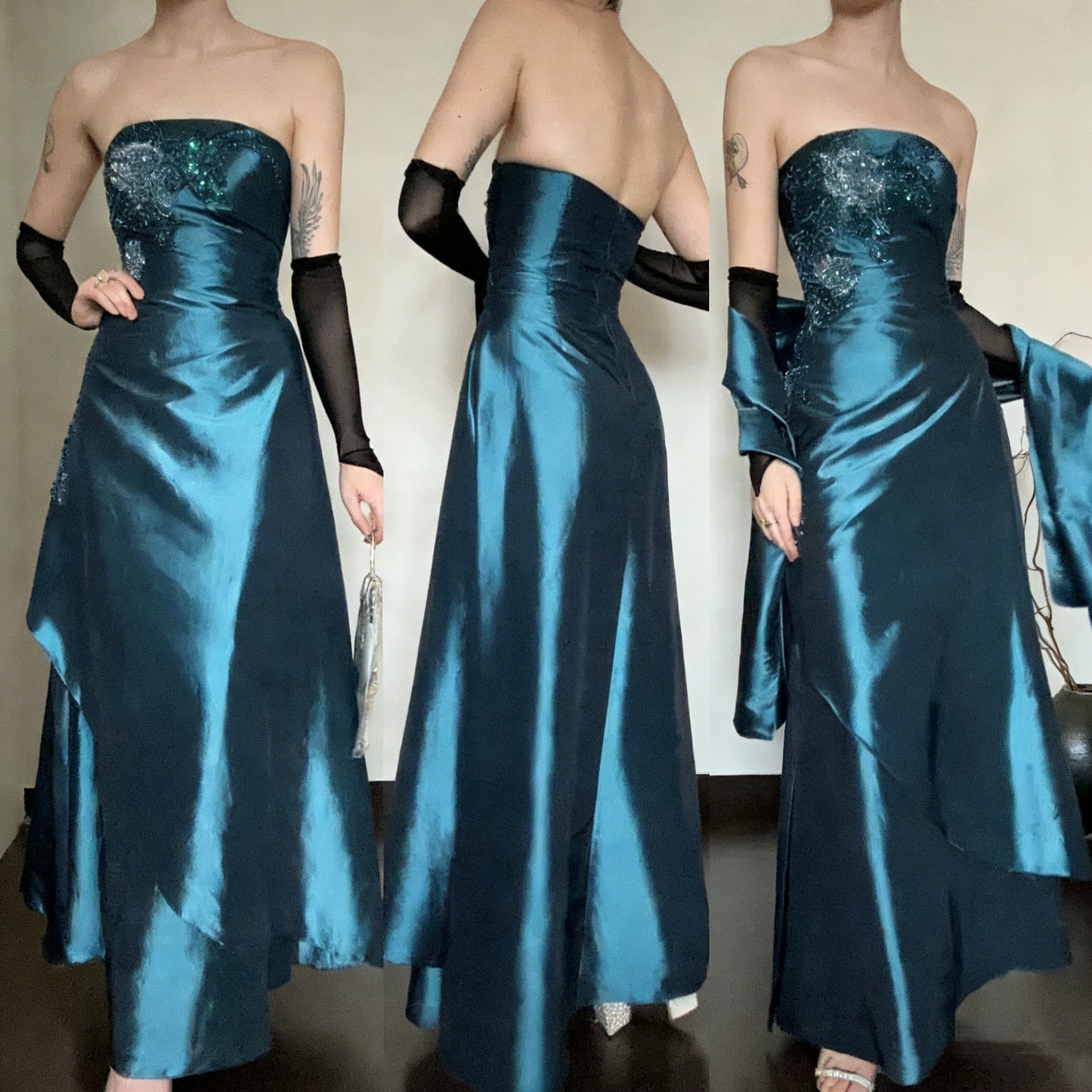 Vintage Strapless Blue Satin Beaded Mermaid Long Prom Dress Evening Dress SP1907
