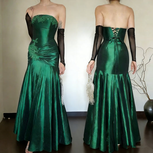 Vintage Green Strapless Satin Appliques Beaded Mermaid Long Evening Dress Formal 21st Birthday Outfits SP1909