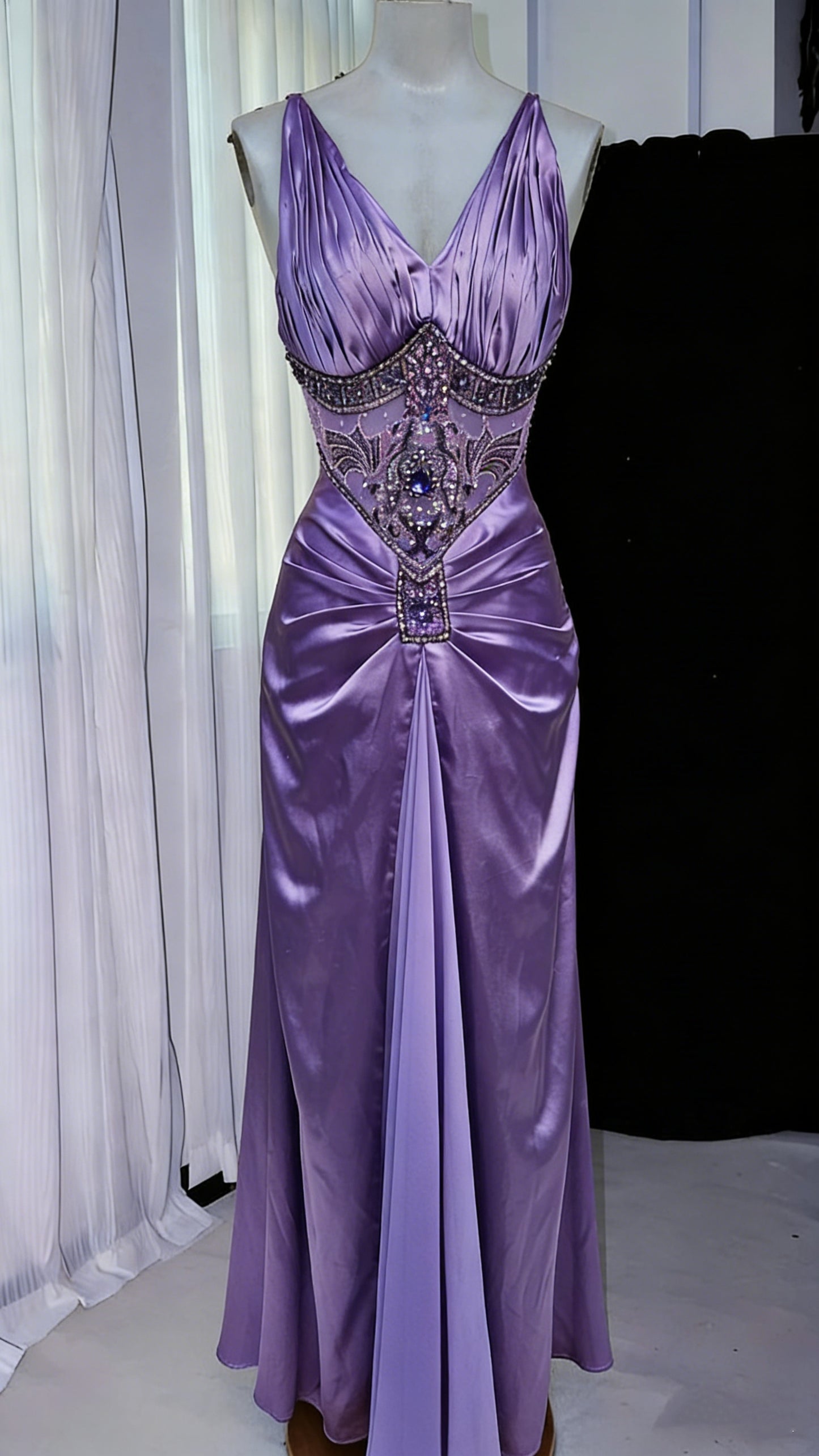 Elegant V Neck Purple Satin Pleated Beaded Long Prom Dress Formal Birthday Evening Dress SP1910