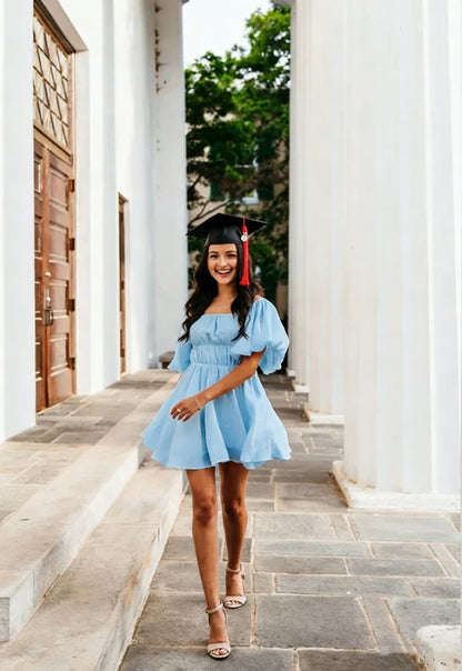 Cute White Puffy Sleeves Short Homecoming Dress,Graduation Dress Y1340