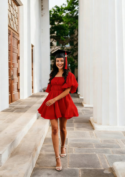 Cute White Puffy Sleeves Short Homecoming Dress,Graduation Dress Y1340
