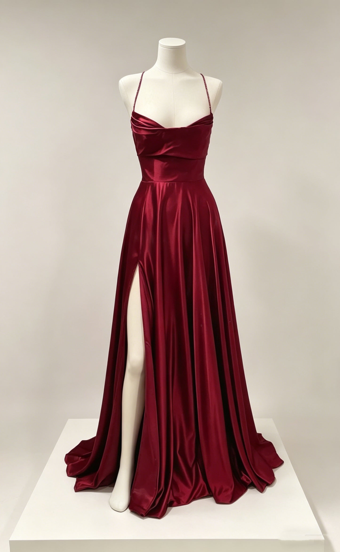 Burgundy A-line Floor-Length Satin Solid Color Prom Dresses Backless Sleeveless Elegant Senior Prom Dress Y4388