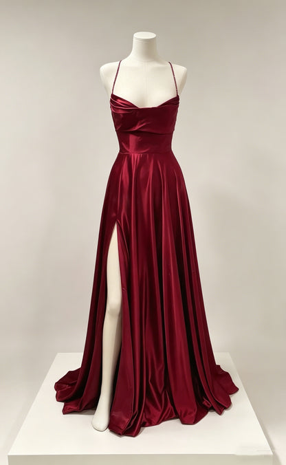 Burgundy A-line Floor-Length Satin Solid Color Prom Dresses Backless Sleeveless Elegant Senior Prom Dress Y4388
