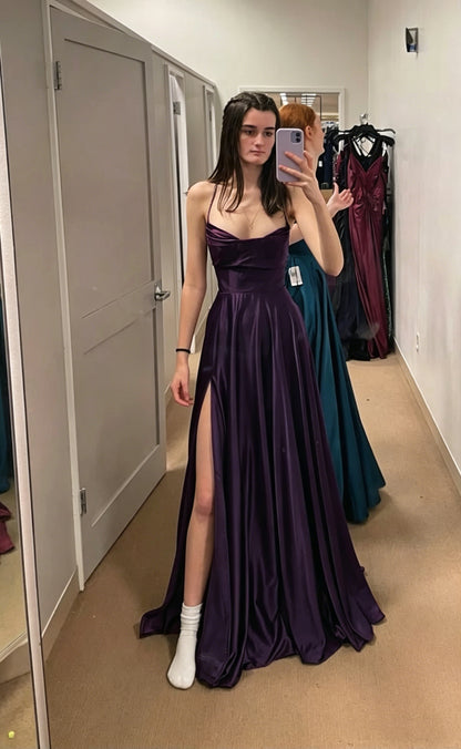 Burgundy A-line Floor-Length Satin Solid Color Prom Dresses Backless Sleeveless Elegant Senior Prom Dress Y4388