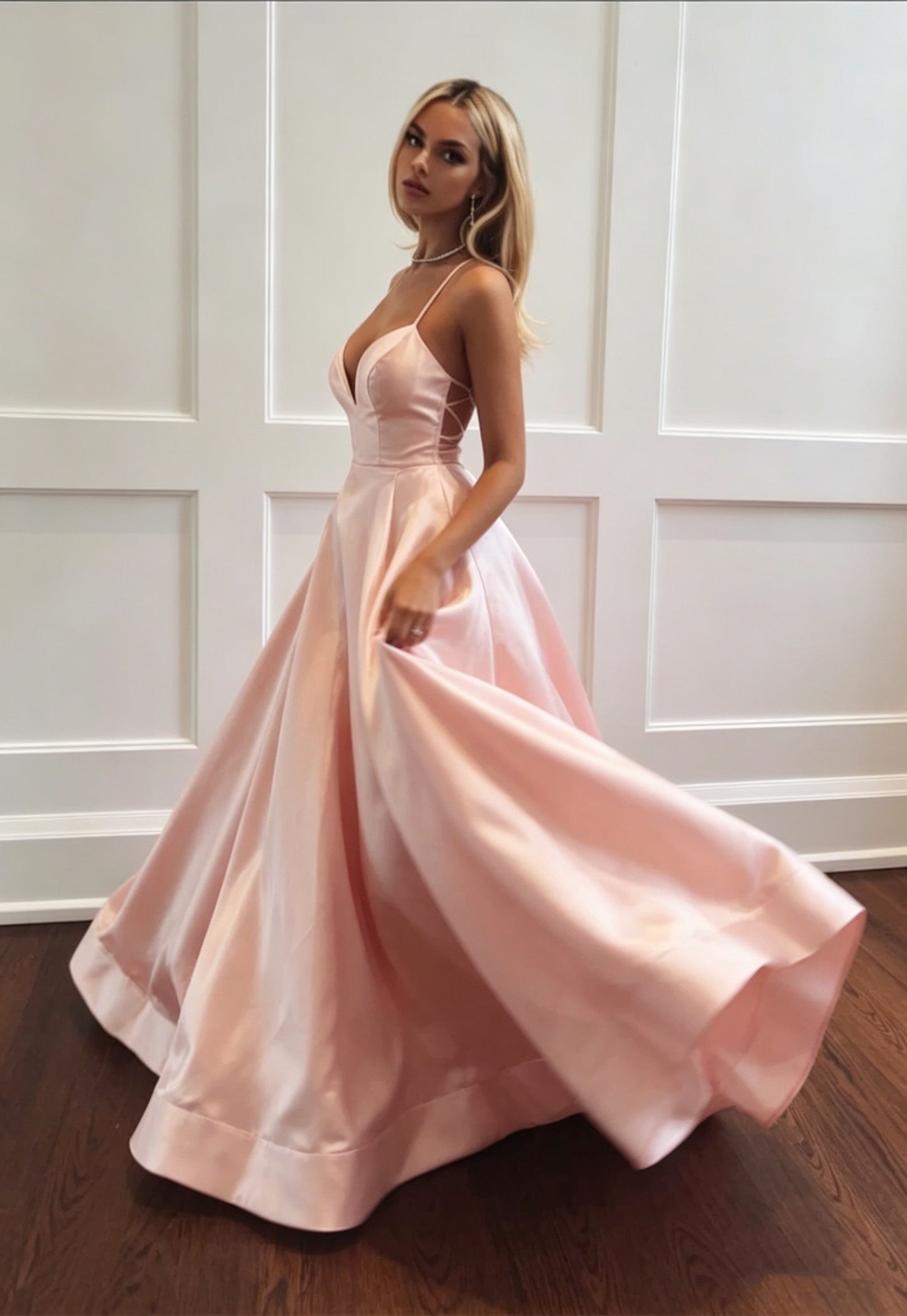 Elegant Pink Sleeveless Satin Long Prom Dress,Modest V Neck Pink Evening Dress Y1075