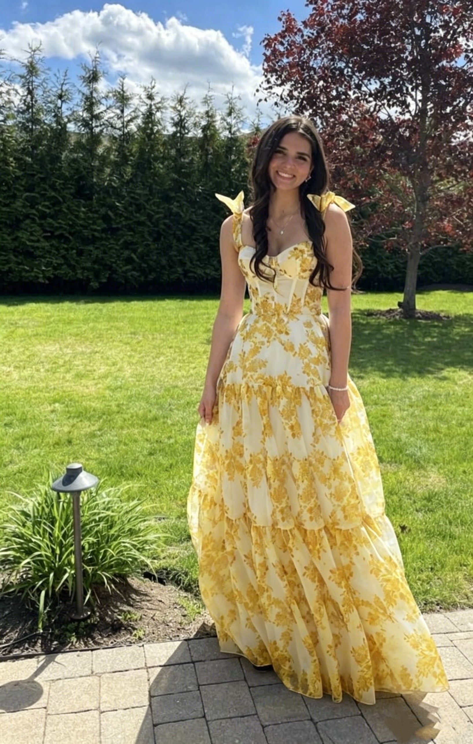yellow pattern dress Special Floral Pattern Chiffon A-Line Prom Evening Dresses Y6721 – Simplepromdress