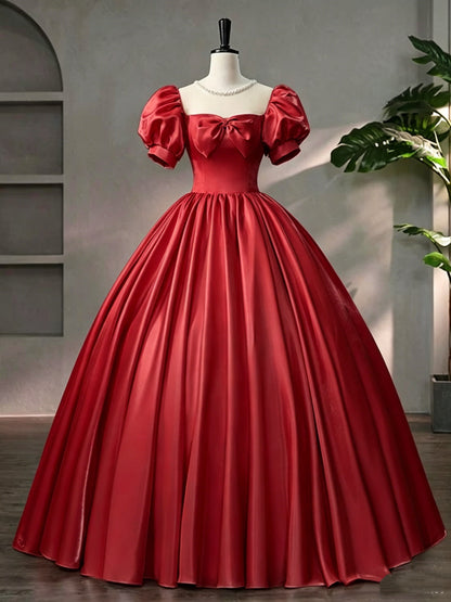 Beautiful Pink Scoop Neck Satin Floor Length Prom Dress, A-Line Short Sleeve Evening Dress with Bow Y6082