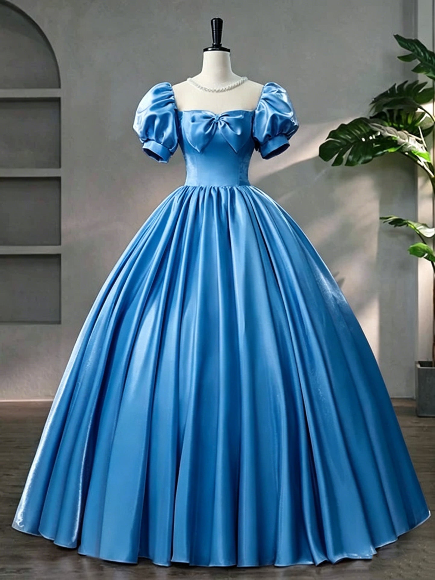 Beautiful Pink Scoop Neck Satin Floor Length Prom Dress, A-Line Short Sleeve Evening Dress with Bow Y6082