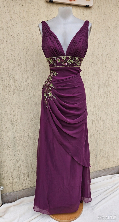 Vintage Purple V Neckline Chiffon Pleated Beaded A Line Long Party Dress Birthday Prom Dress SP4062