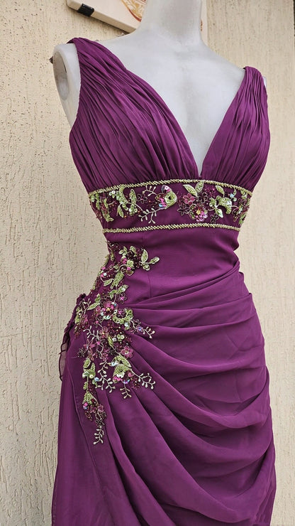 Vintage Purple V Neckline Chiffon Pleated Beaded A Line Long Party Dress Birthday Prom Dress SP4062