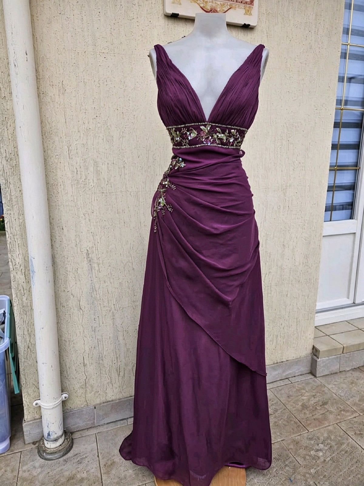 Vintage Purple V Neckline Chiffon Pleated Beaded A Line Long Party Dress Birthday Prom Dress SP4062