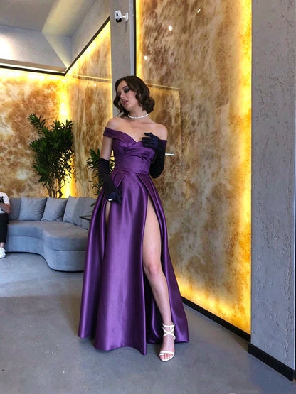 Off The Shoulder Navy Blue Satin Long Prom Dress Y454