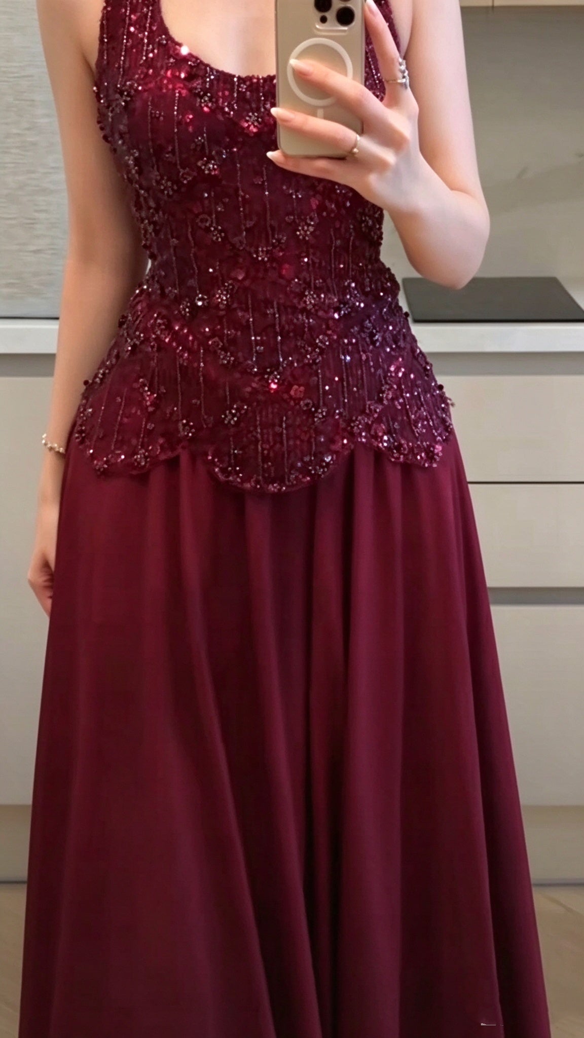 Gorgeous  Chiffon Sequin Beaded A Line Long Party Dress Burgundy Prom Gown SP4184