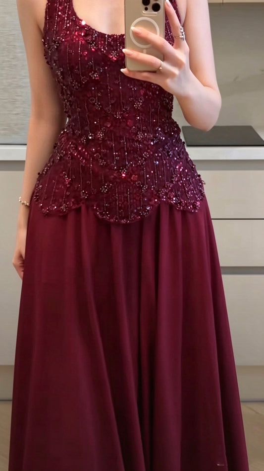 Gorgeous  Chiffon Sequin Beaded A Line Long Party Dress Burgundy Prom Gown SP4184