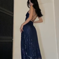 Charming Sequins Slit Navy Blue Prom Dress Sexy Evening Dress Y7671