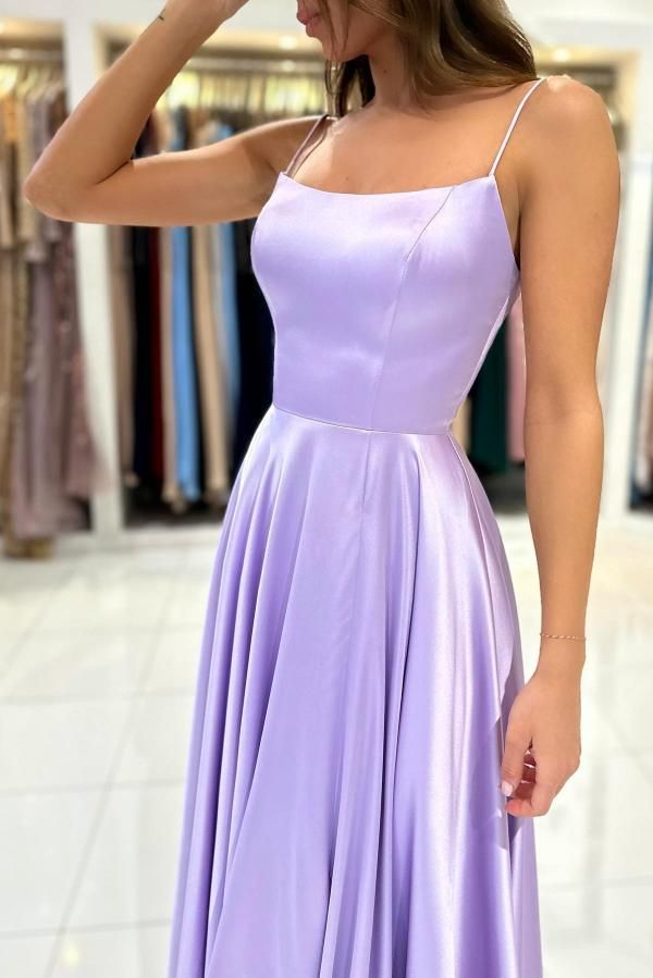 Elegant Lilac Long A-line Spaghetti Straps Lace-Up Satin Prom Dresses Y4888