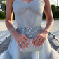 Elegant Strapless Blue Tulle Beaded Long Birthday Prom Dress Evening Gown Formal Wedding Guest Dress SP1432