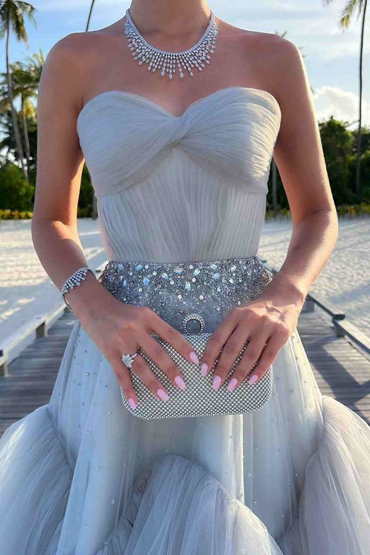 Elegant Strapless Blue Tulle Beaded Long Birthday Prom Dress Evening Gown Formal Wedding Guest Dress SP1432