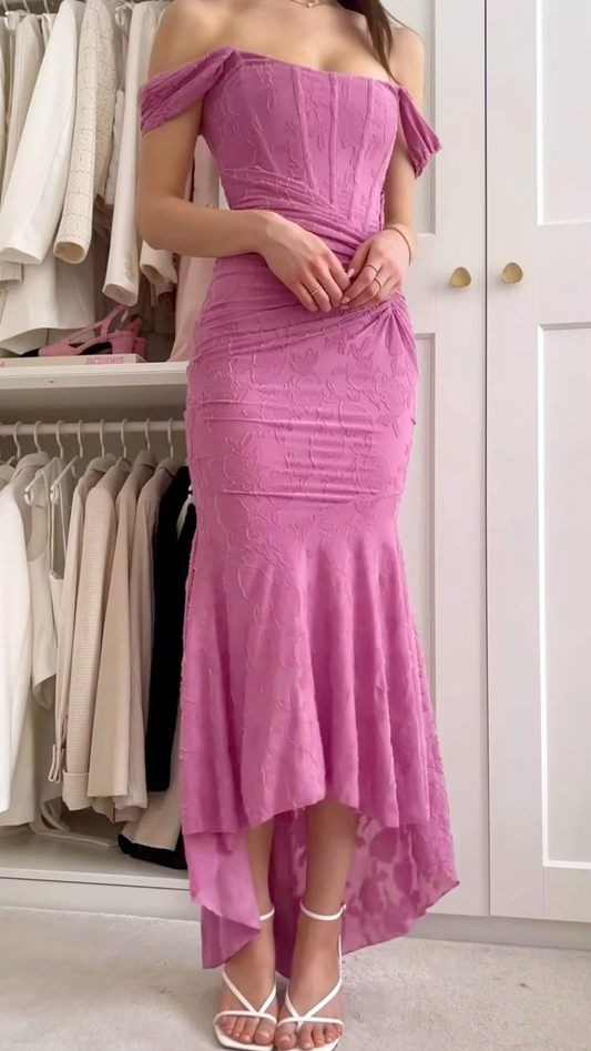 Classy Off The Shoulder Barbie Pink Pleated Mermaid Long Evening Dress Birthday Prom Gown SP1060