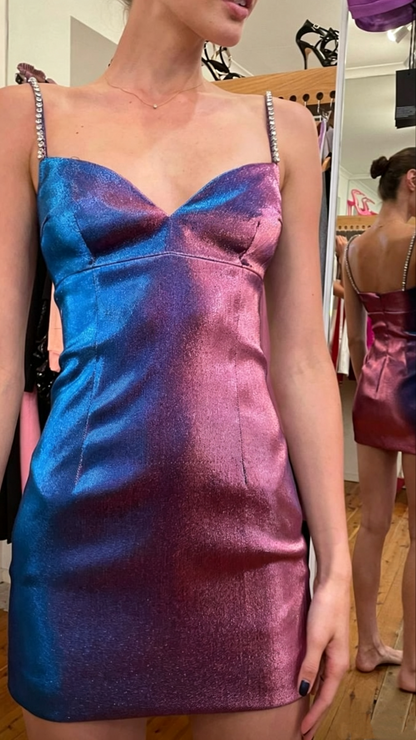 Shiny Purple Spaghetti Straps Satin Beaded Sheath Short Homecoming Dress Cocktail Dress SP3483