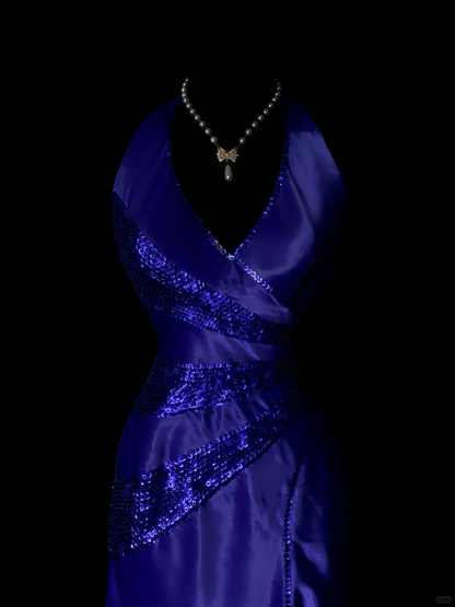 Elegant Halter V Neck Satin Sequin Mermaid Long Party Dress Blue Long Birthday Evening Dress SP4070