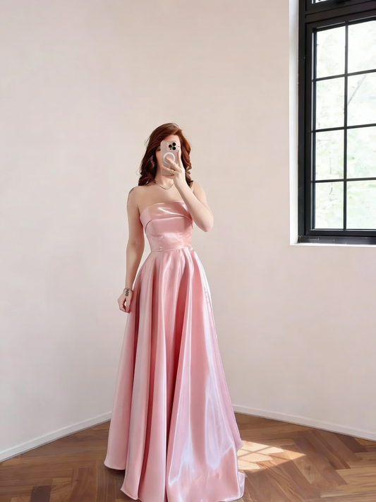 Pretty Pink Strapless Satin A Line Long Party Dress Formal Wedding Guest Dress SP1679