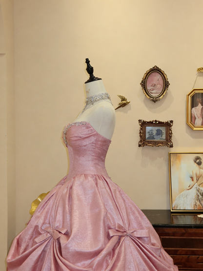 Charming Strapless Ball Gown Pink Satin Beaded Pleated Birthday Quinceanera Dress With Bow SP1877