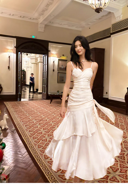 Charming White Spaghetti Strap Satin Ruffles Layered Mermaid Long Party Dress Prom Dress SP1985