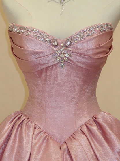 Charming Strapless Ball Gown Pink Satin Beaded Pleated Birthday Quinceanera Dress With Bow SP1877