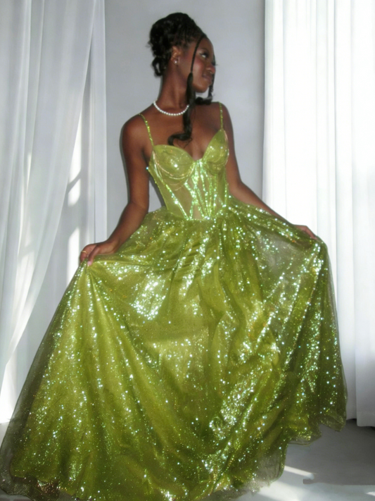 Glitter Spaghetti Straps Green Tulle Sequin A Line Long Party Dress 20th Birthday Outfits SP1690