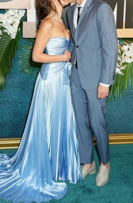 Glamorous Blue Satin Pleated Long Party Dress，Sweetheart Neck Long Wedding Guest Dress SP3341