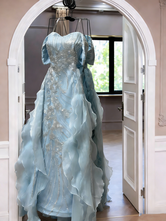 Elegant Off The Shoulder Blue Organza Ruffles Sequin Beaded Mermaid Evening Dress Long Birthday Prom Dress SP1730