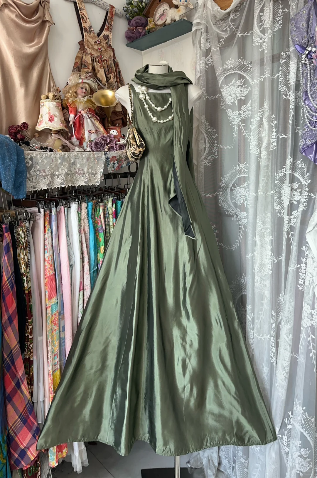 Unique Green Satin A Line Long Party Dress Formal Prom Dress Y9469